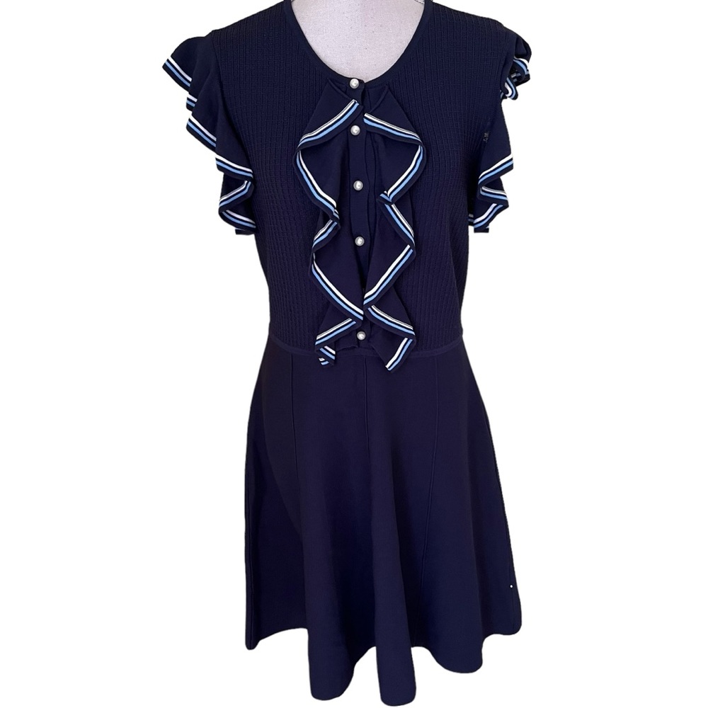 Lela Rose Pearl Navy Blue Ruffle Front Pearl Button Knit Dress L